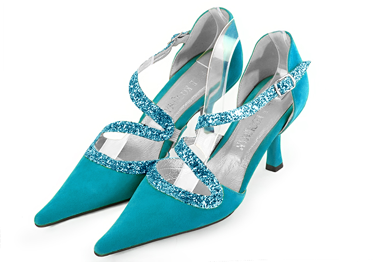 Turquoise blue women's open side shoes, with snake-shaped straps. Pointed toe. High slim heel. Front view - Florence KOOIJMAN